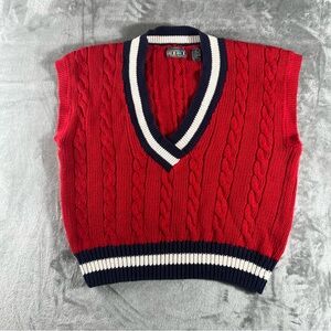 VTG Paris Sport Club Sweater Vest V Neck Cable Knit Unisex Med Nautical Preppy